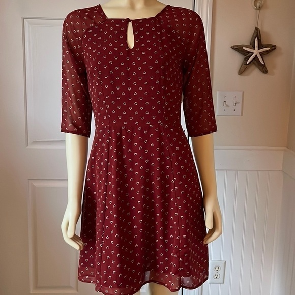 𝅺nwt Mismash A-line Retro Maroon Dress with Hearts S - Picture 1 of 13